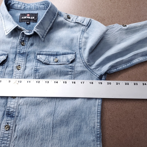 Chambray Shirt Mns S Blue Light Acid Wash Long Sleeve Button Up Slim Skater 90s - Picture 5 of 10